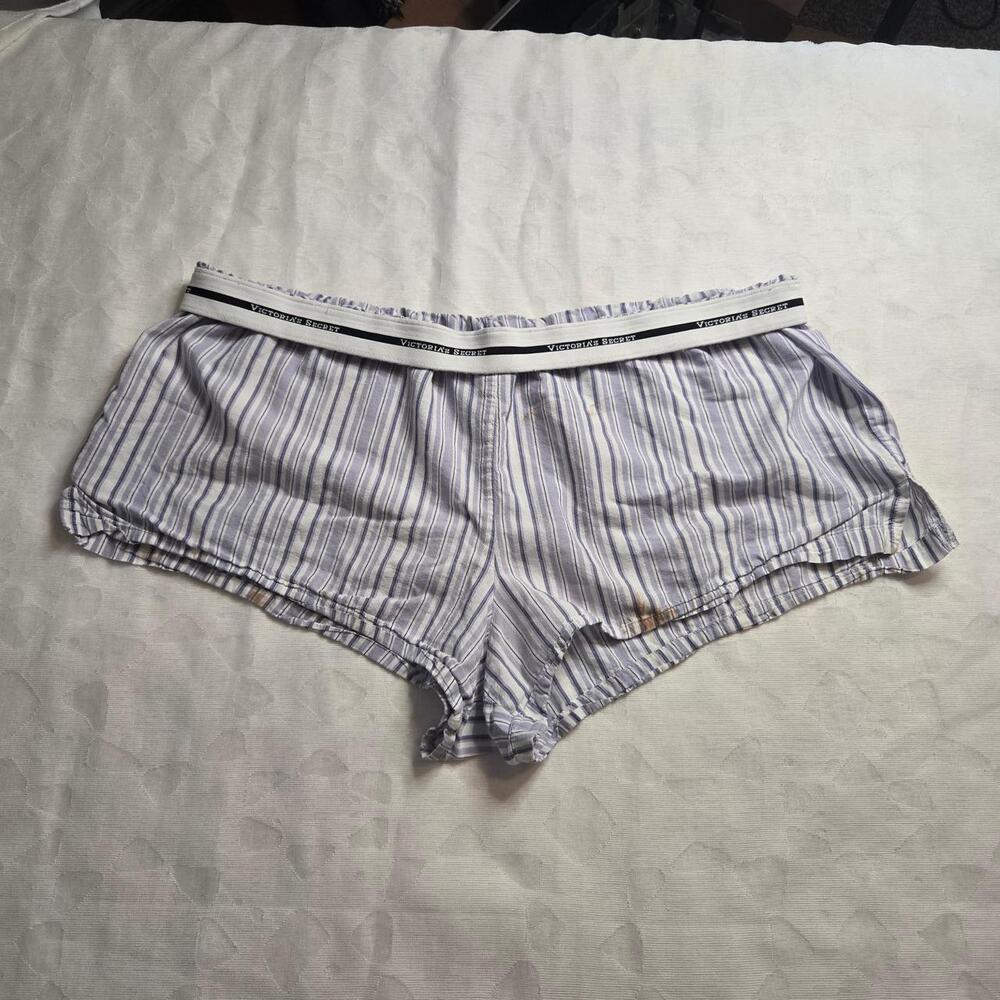 Victoria's Secret White & Blue Striped Boxer Logo Waistband Sleep Shorts Size LG